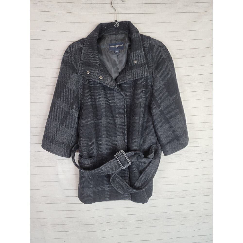 BANANA REPUBLIC PLAID FULL ZIP BELTED WOOL BLEND SHORT PEA COAT, SZ LARGE